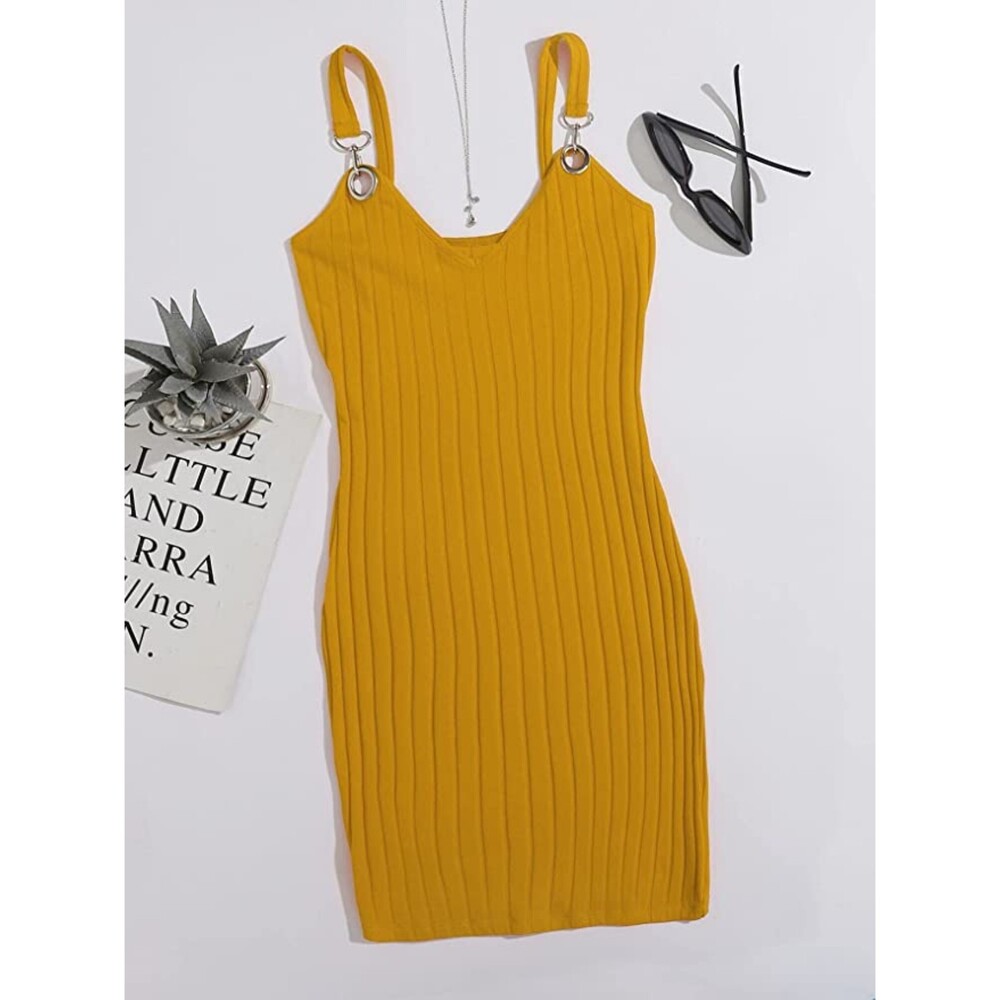 Floerns O Ring Deep V Neck Sleeveless Rib Knit Tank Bodycon Mini Dress Sz M